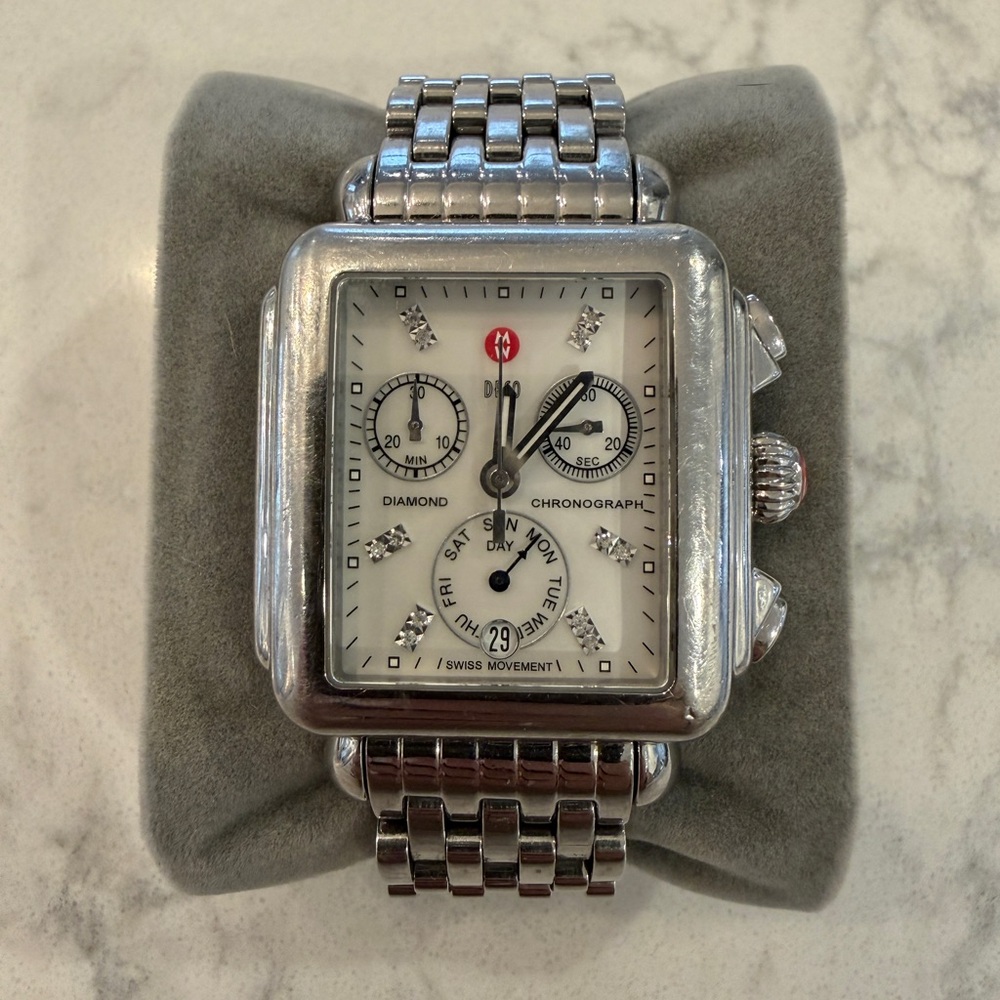 Diamond Chronograph Stainless Steel Watch - Silver & White